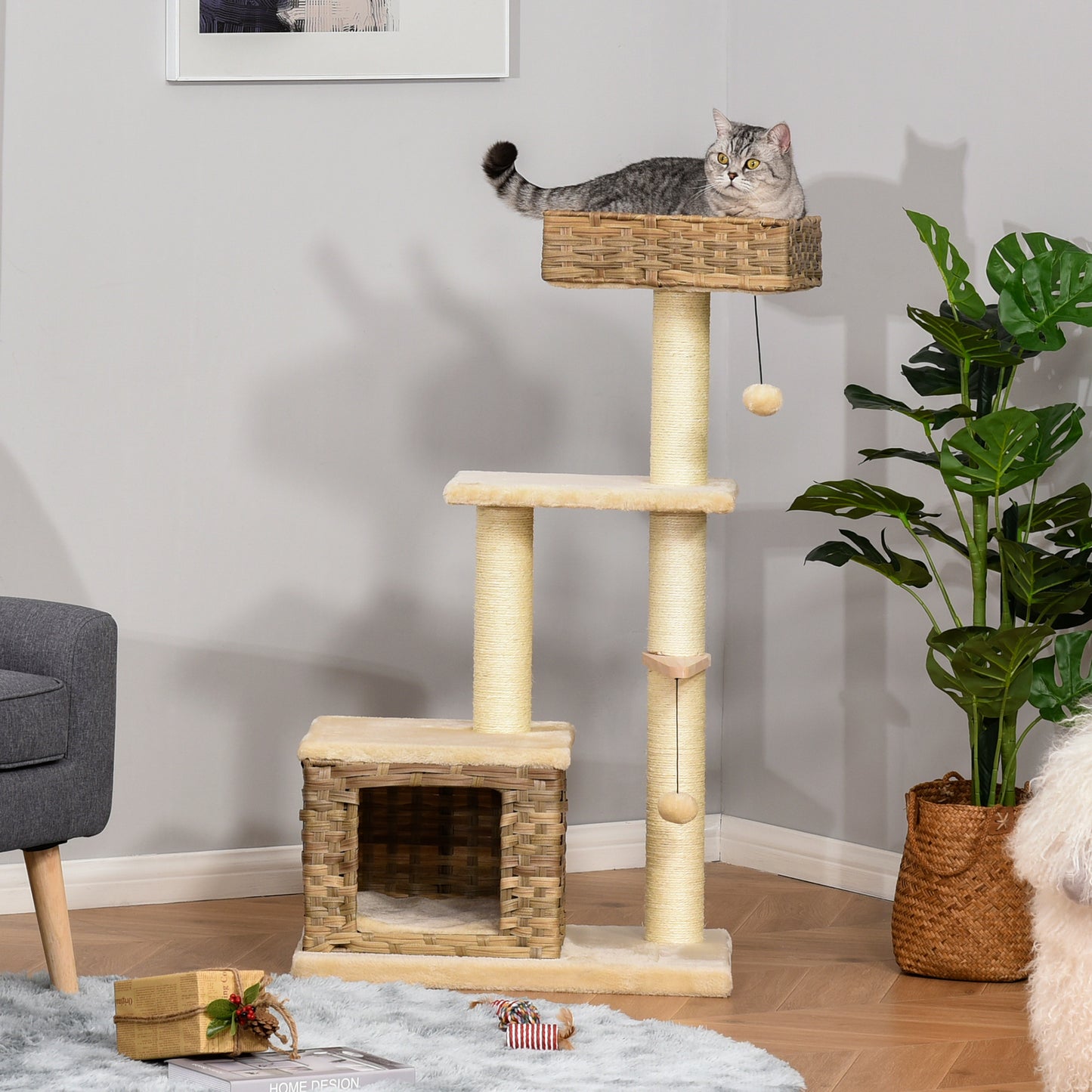 Pawhut Árbol Para Gatos Con Plataformas Cueva Cama Bolas De Juego Y Postes_1