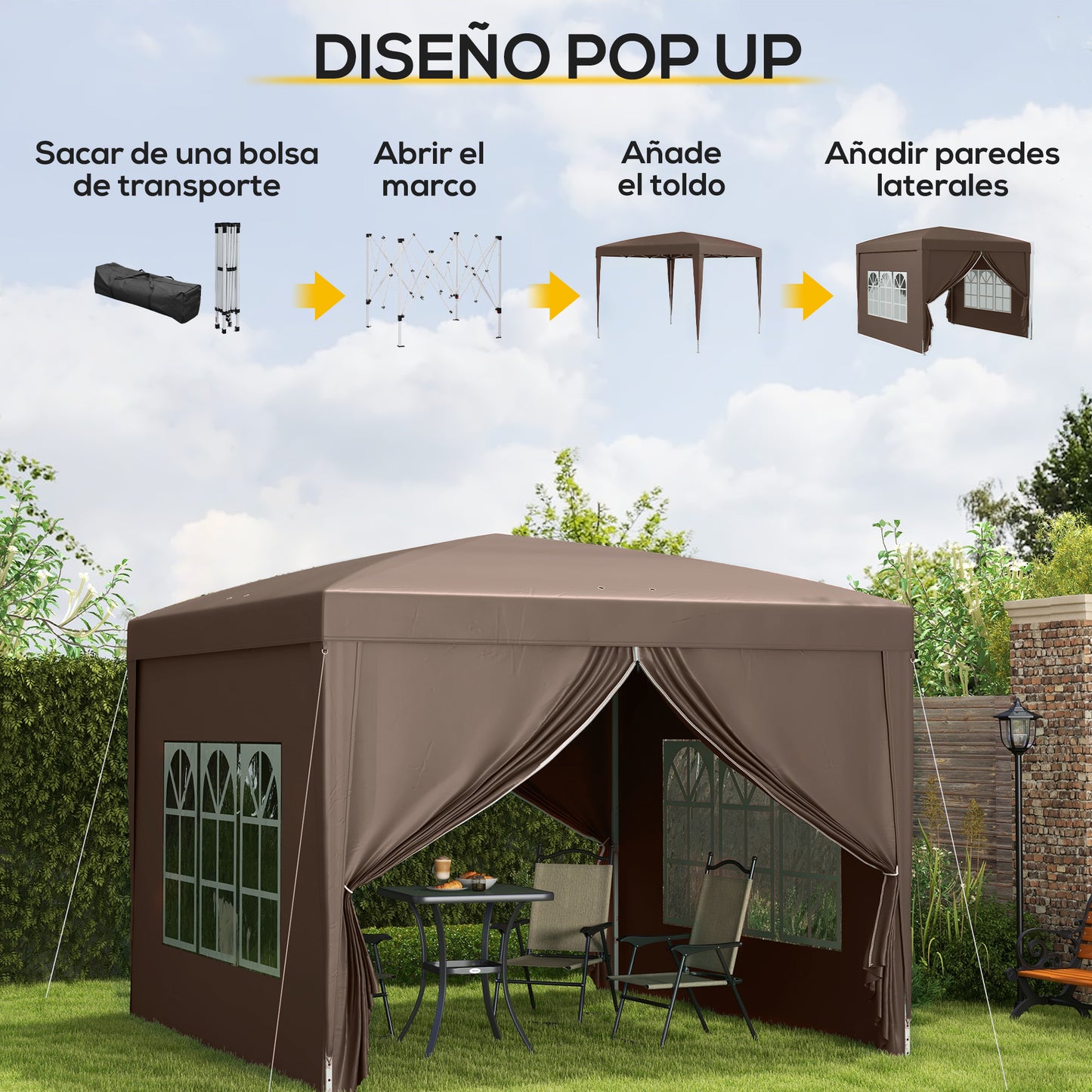 Outsunny Carpa Plegable Pop-up 3x3 M Con 4 Paredes Laterales Anti-uv Café_3