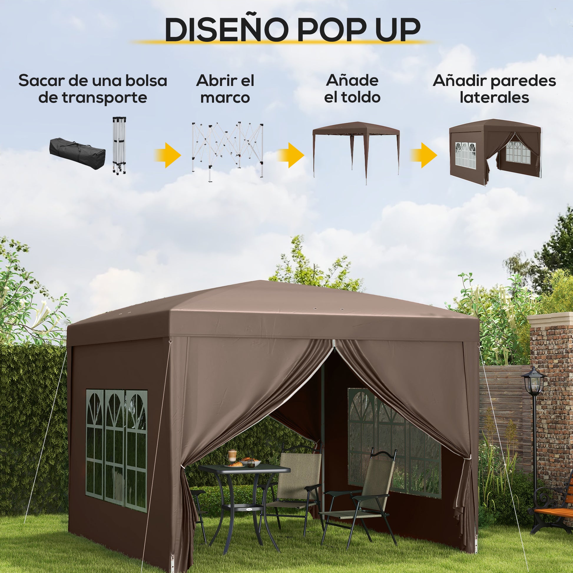 Outsunny Carpa Plegable Pop-up 3x3 M Con 4 Paredes Laterales Anti-uv Café_3