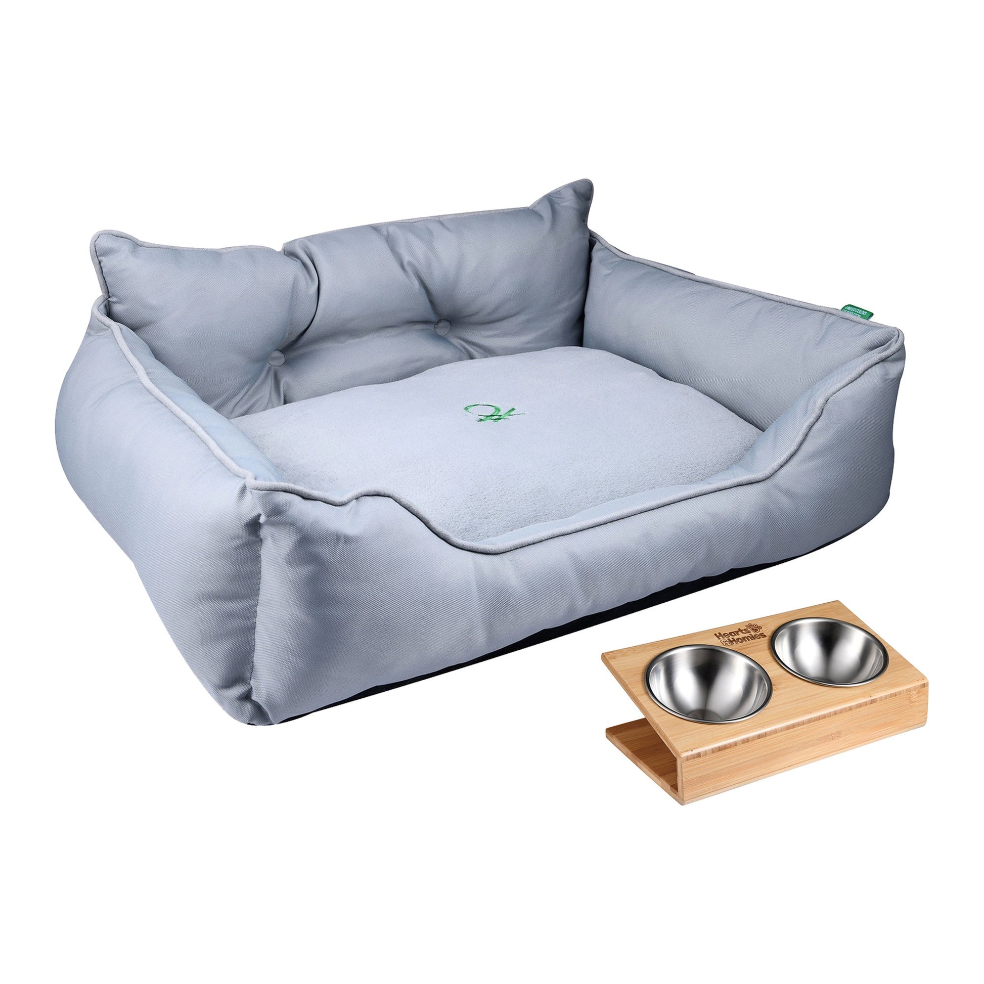 Cama Para Mascota 75x60x25cm Gris + Comedero Doble De Acero En Bambú