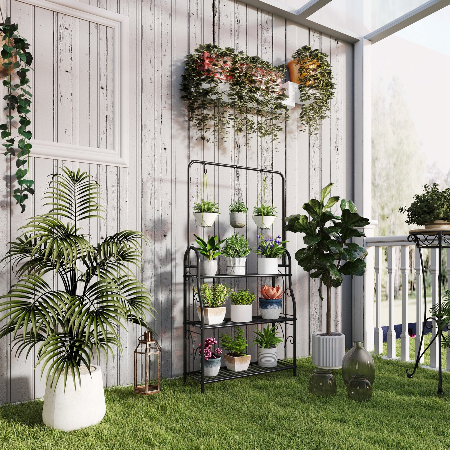 Outsunny Soporte Para Plantas De 3 Niveles Con Ganchos Barra Para Colgar Negro_1