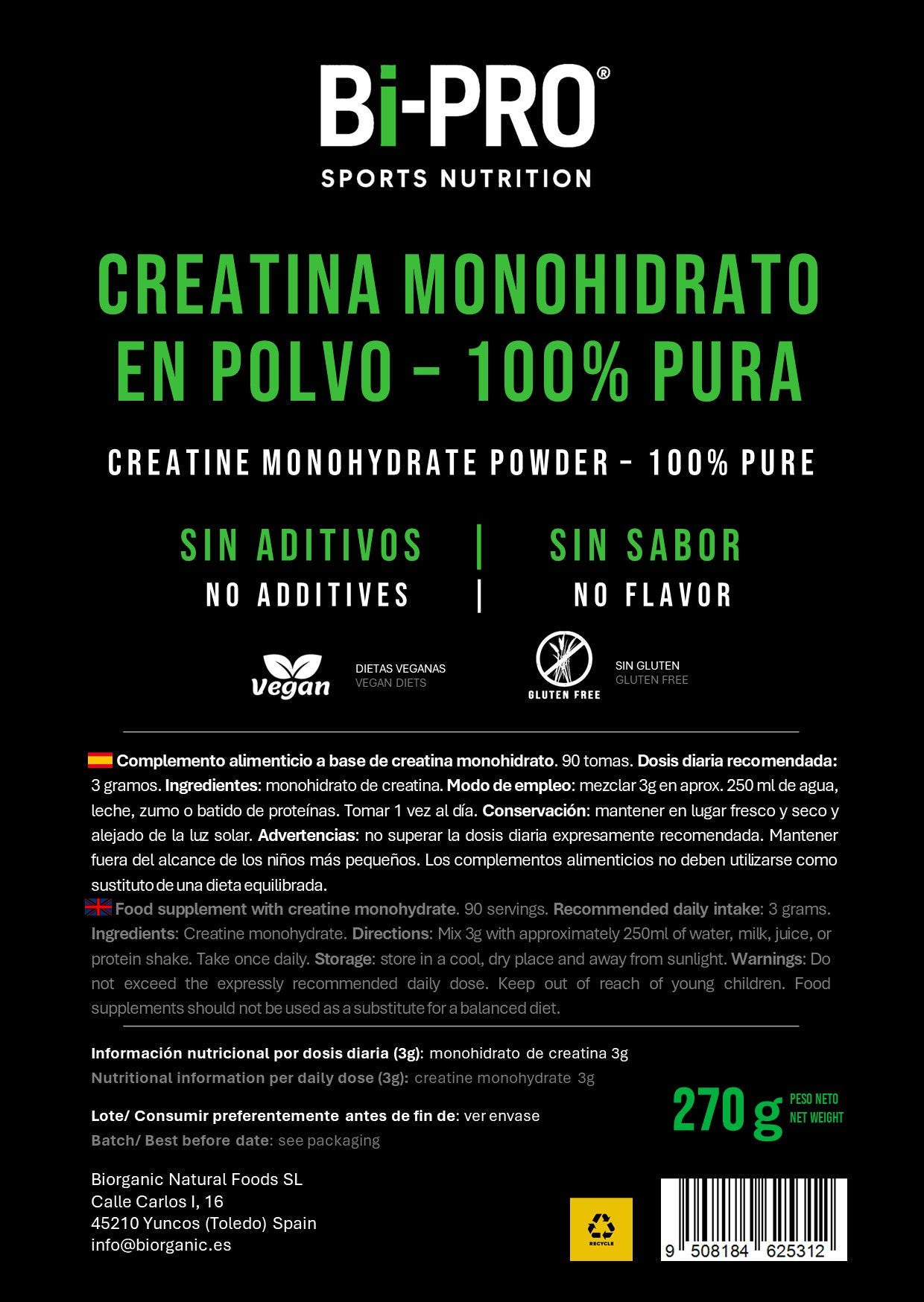 Creatina Monohidrato micronizada 270g 100% pura_1