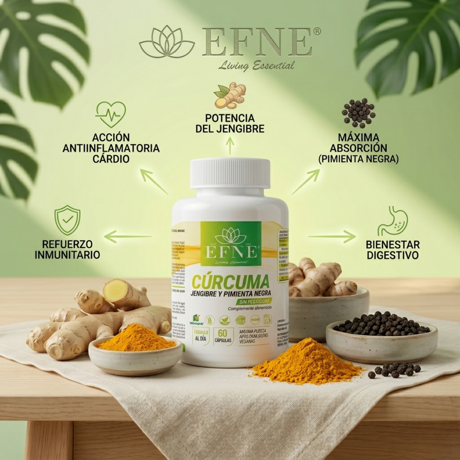 Cúrcuma + Jengibre + Pimienta Negra Efne — 60 Cápsulas_1