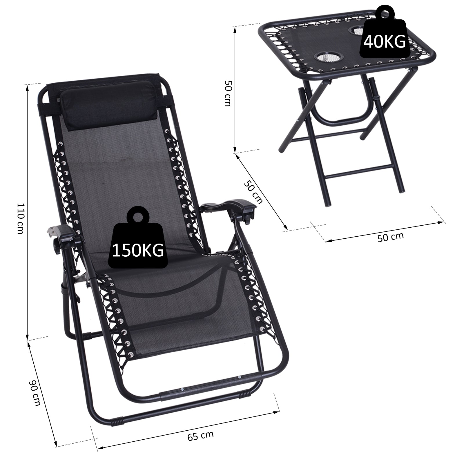 Outsunny 2 Sillas De Gravedad Cero Plegables Mesa Auxiliar Con Portavasos Negro_2