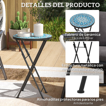 Outsunny Mesa Auxiliar Redonda Plegable Con Encimera De Mosaico Azul_5