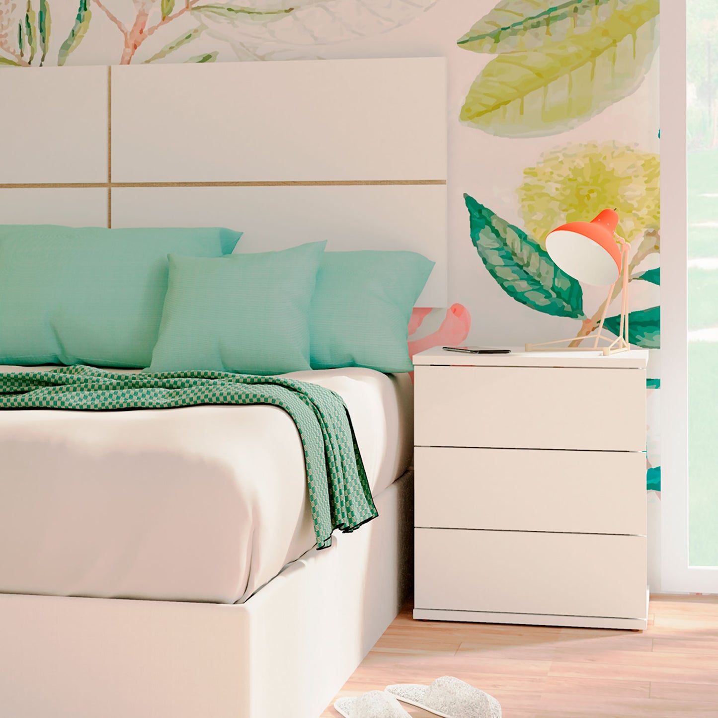 Mesita De Noche 3 Cajones, Mesilla Dormitorio Cajonera 48,5x41x40 Cm (alto X Ancho X Profundo), Briebe, Serenade, Blanco