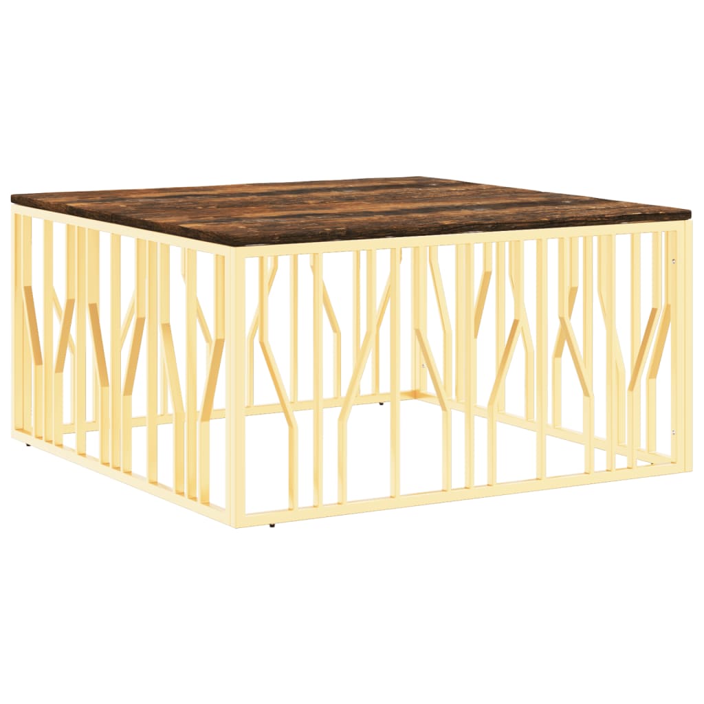 Mesa De Centro Acero Inoxidable Madera Maciza Reciclada Dorado._0