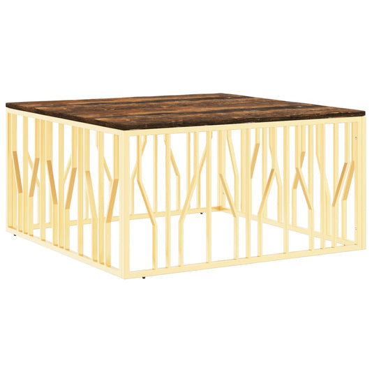 Mesa De Centro Acero Inoxidable Madera Maciza Reciclada Dorado._0