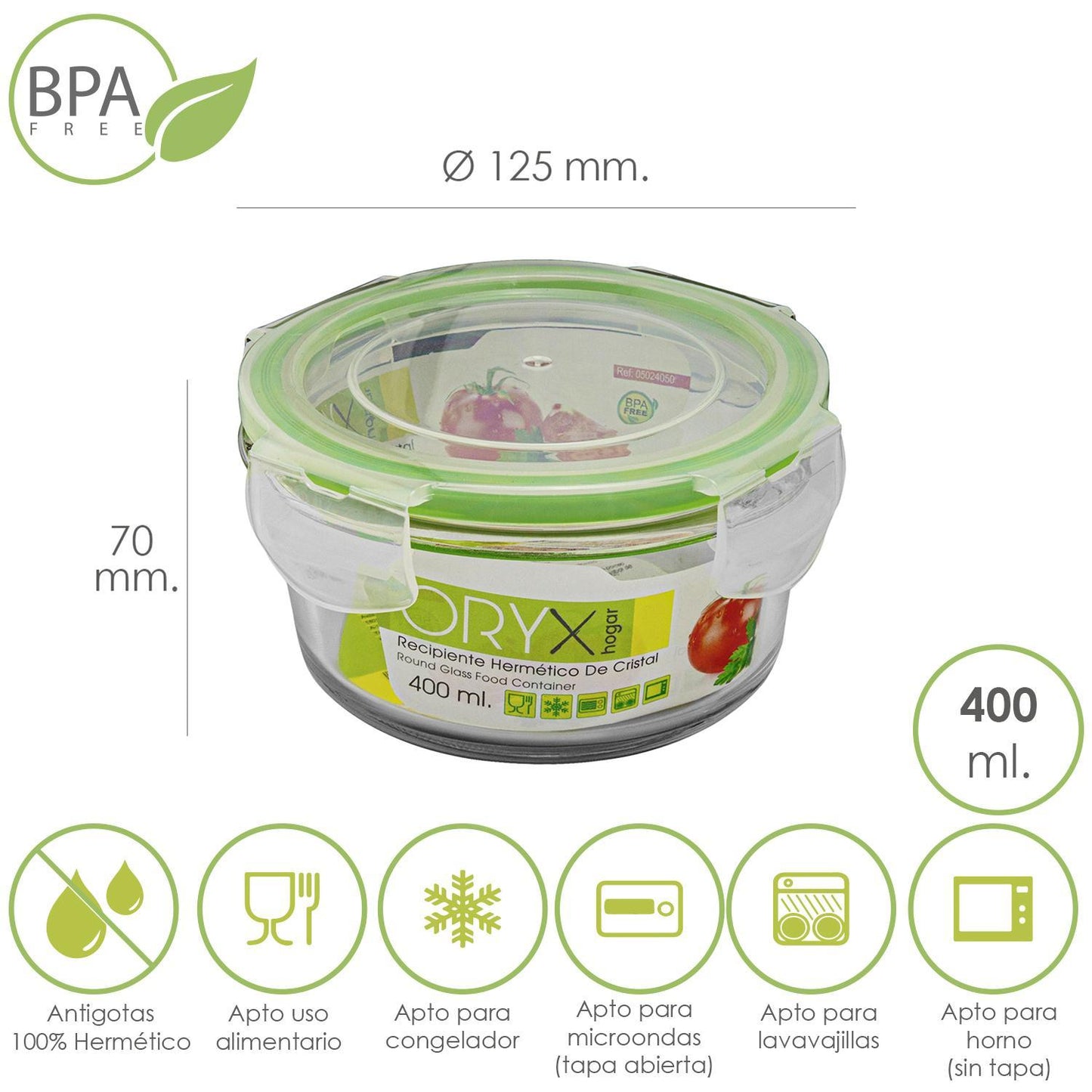 Recipiente Hermetico Cristal Redondo 400 Ml. Ø 125 X 7 (alt) Cm._0
