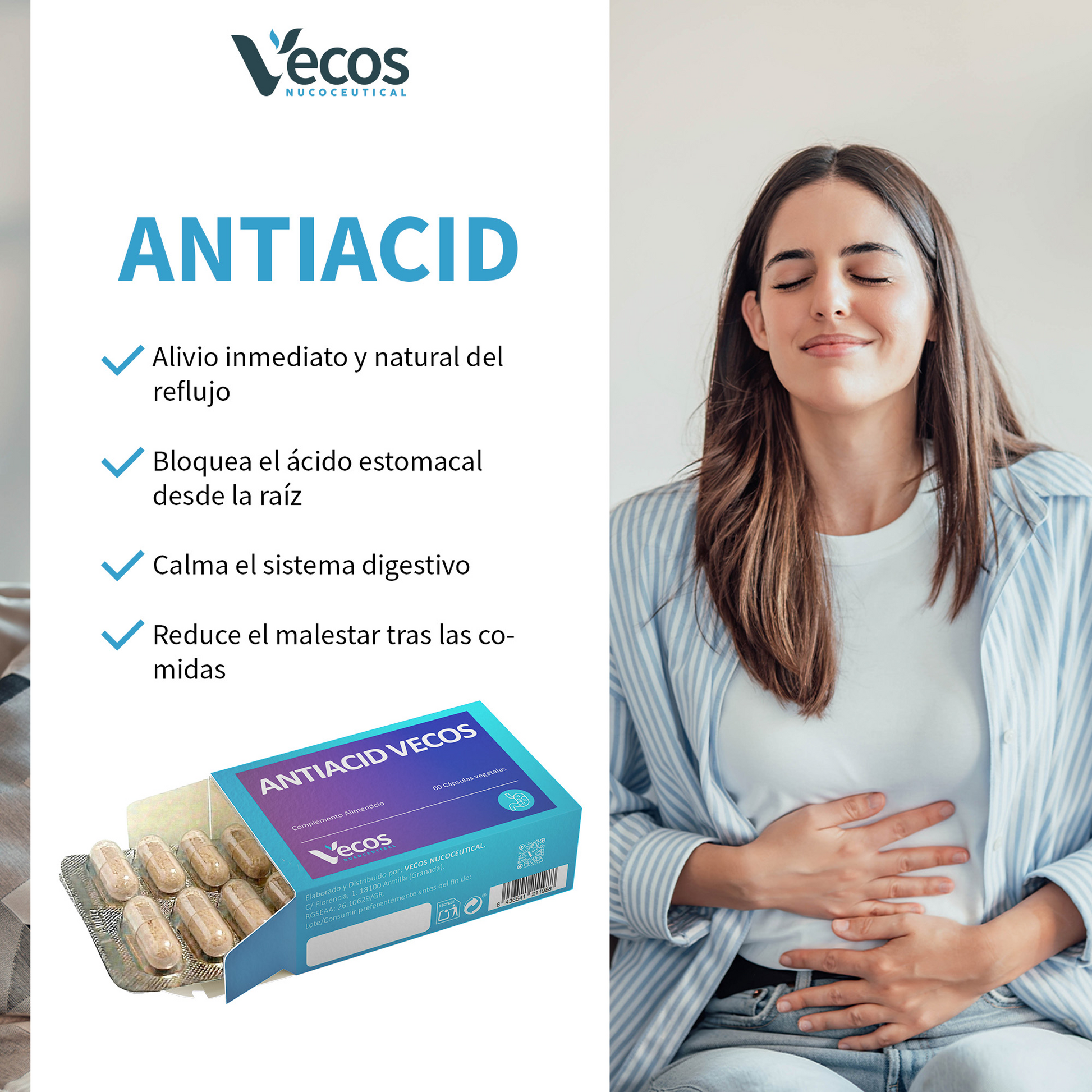 Antiacid VECOS (60 cápsulas) | Antiácido y antirreflujo | Alginato de sodio y Calcio | Alivio rápido con Formula vegetal_3