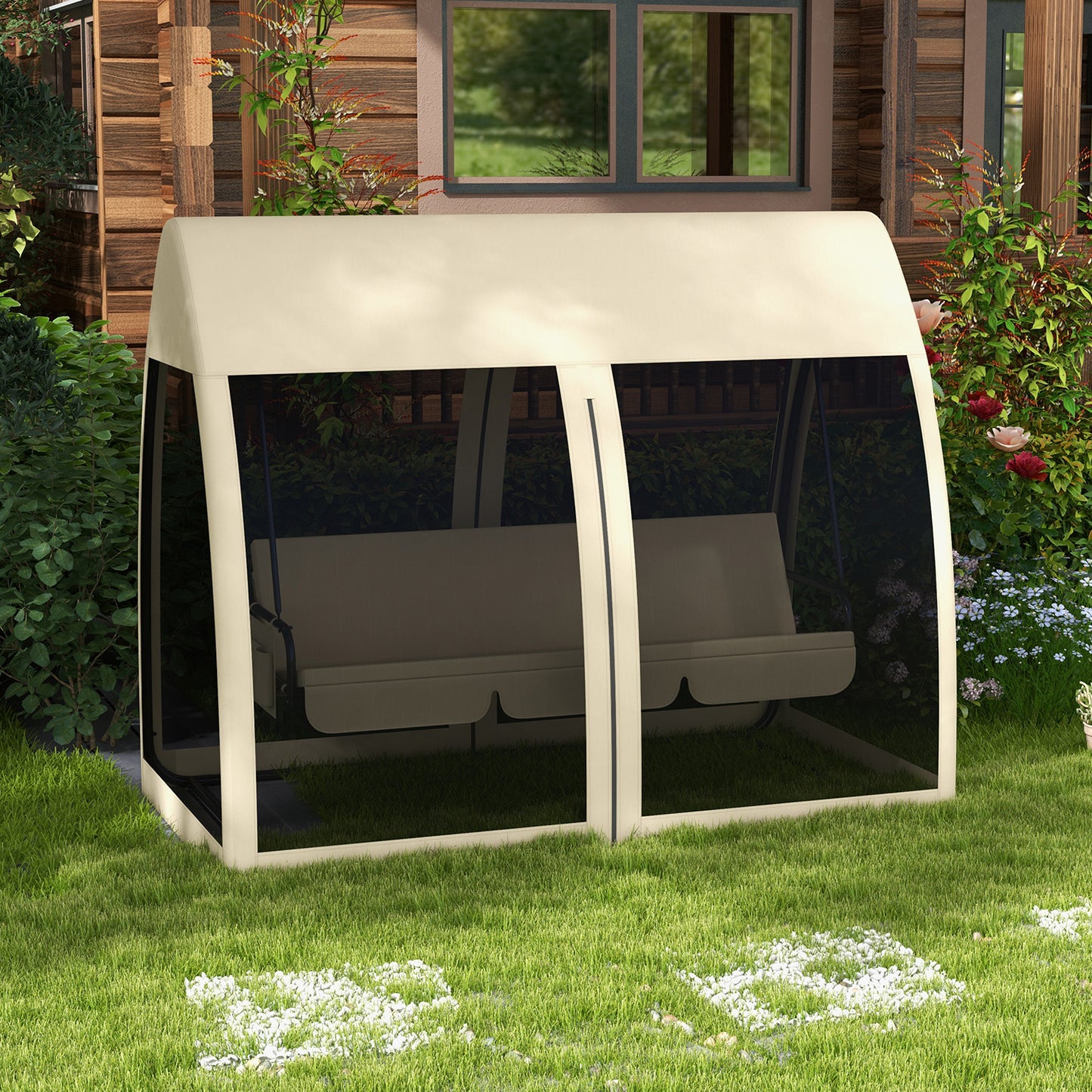 Outsunny Columpio De Jardín De 3 Plazas Convertible En Cama 240x140x197cm Beige_1