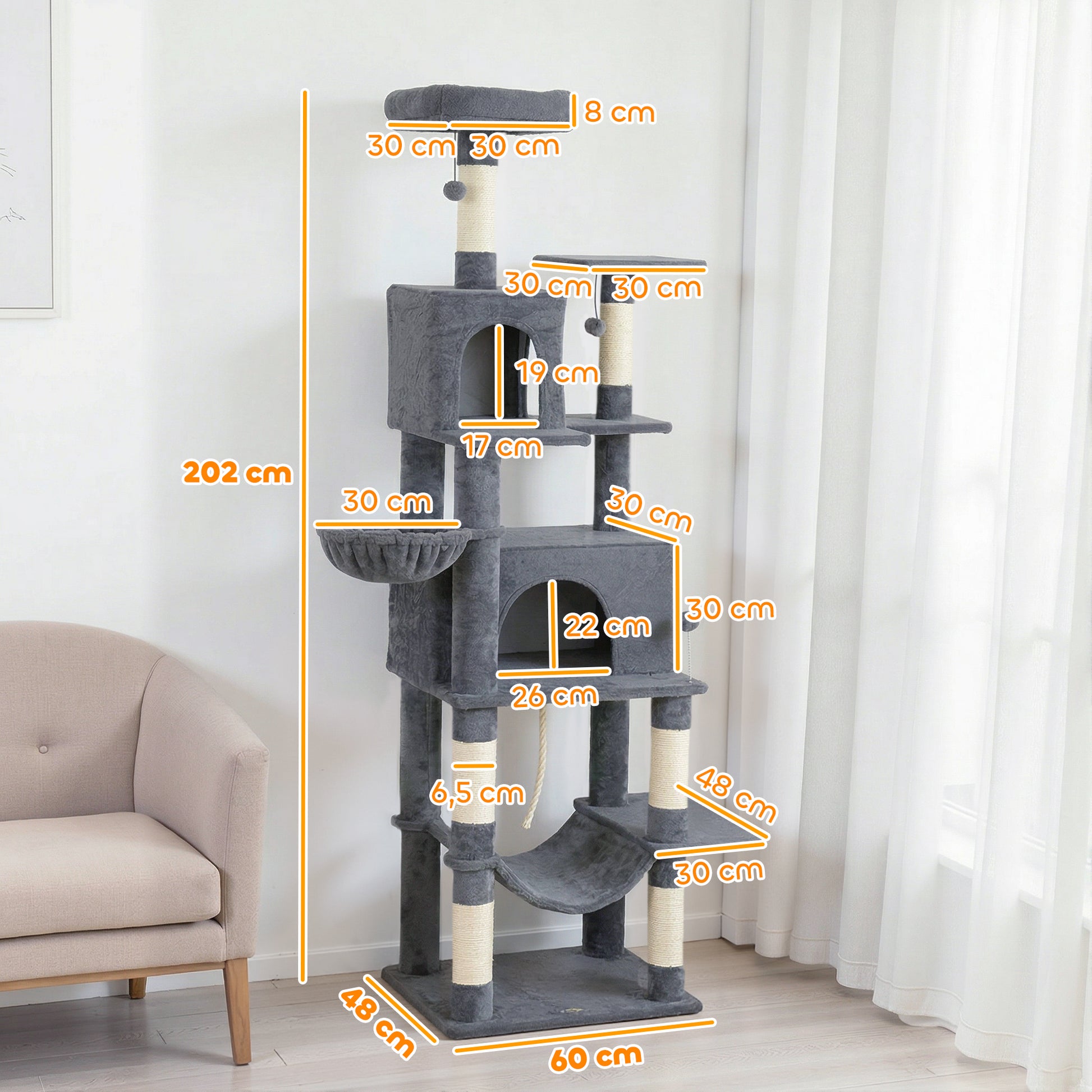 Pawhut Árbol Rascador Para Gatos 202 Cm Con Plataformas 2 Camas 2 Cuevas Gris_2