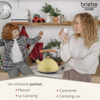 Briebe Tetera Con Silbato, Hervidor De Agua 2,3l, Inducción, Acero Inox, Vintage, Mango Madera, Pastel, Amarillo_4