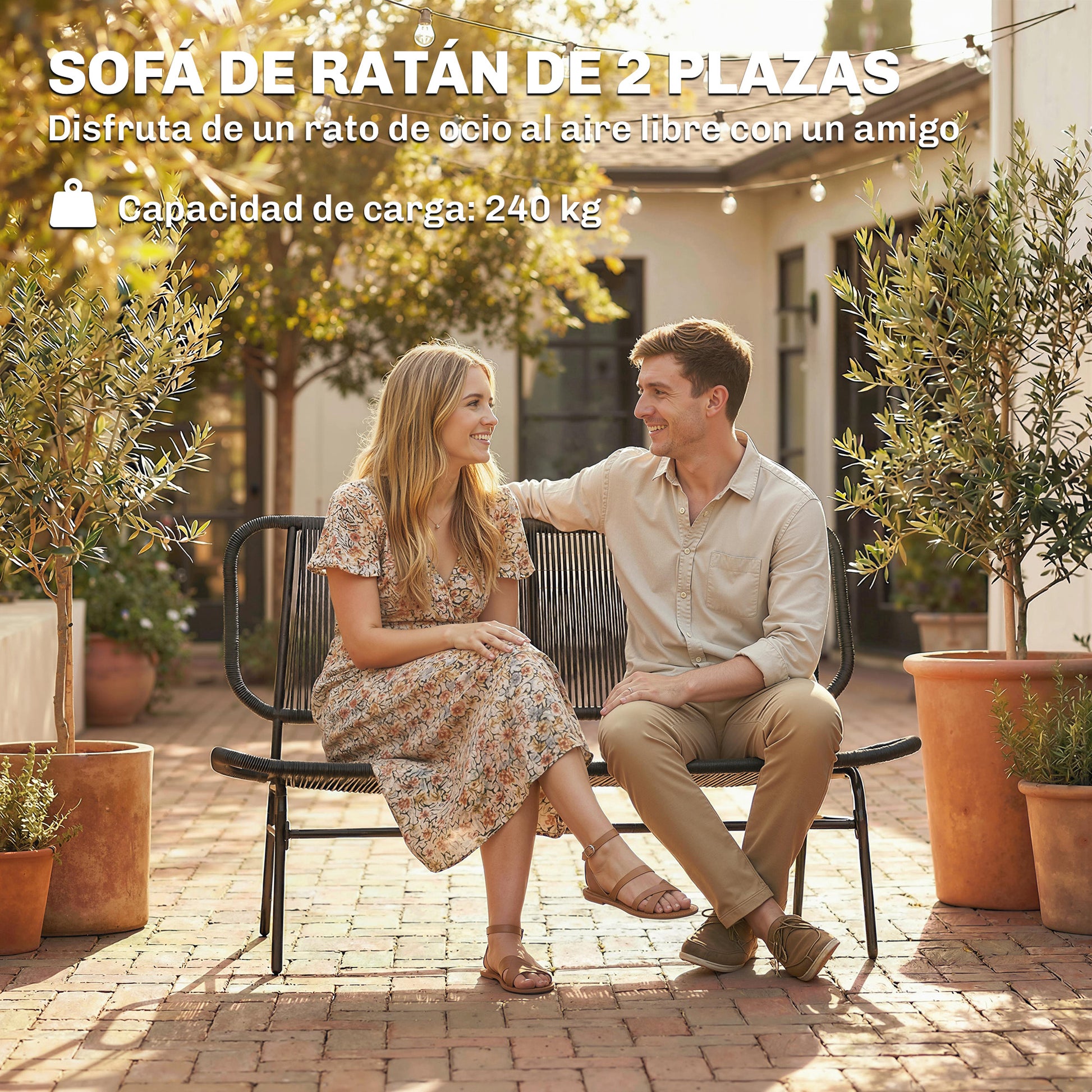 Outsunny Banco Exterior De Ratán De 2 Plazas Con Respaldo Tejido Negro_5