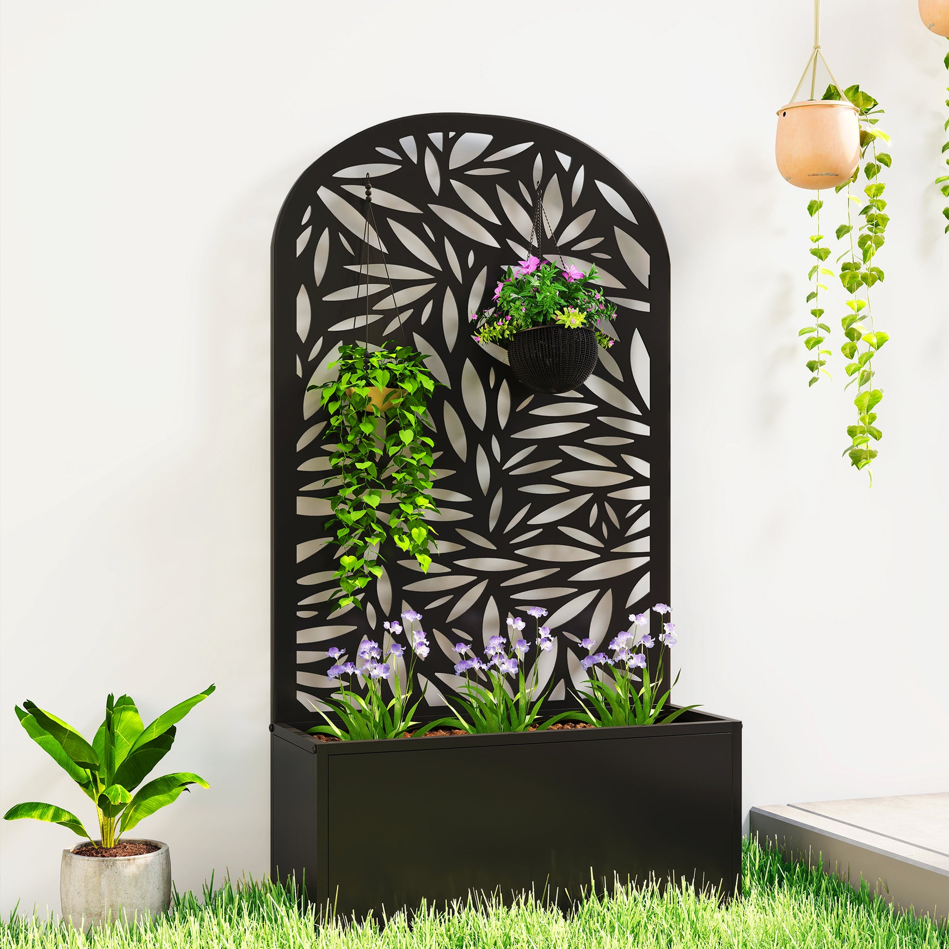 Outsunny Jardinera Exterior Grande De Metal Con Pantalla De Privacidad Negro_1