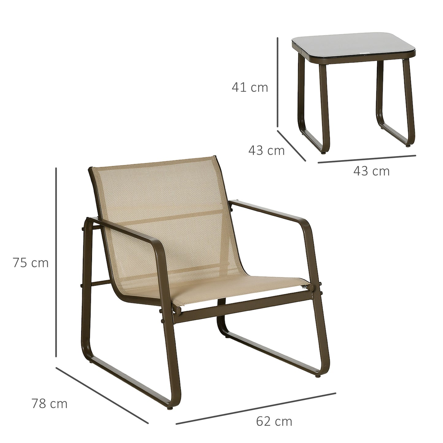 Outsunny Conjunto De Muebles De Jardín 3 Piezas Mesa De Vidrio Y 2 Sillas Caqui_2
