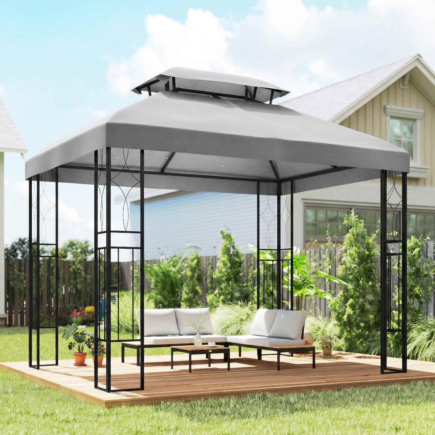 Outsunny Techo De Repuesto Para Cenador 4x3 M Con Techo Doble Anti-uv Gris Claro_1