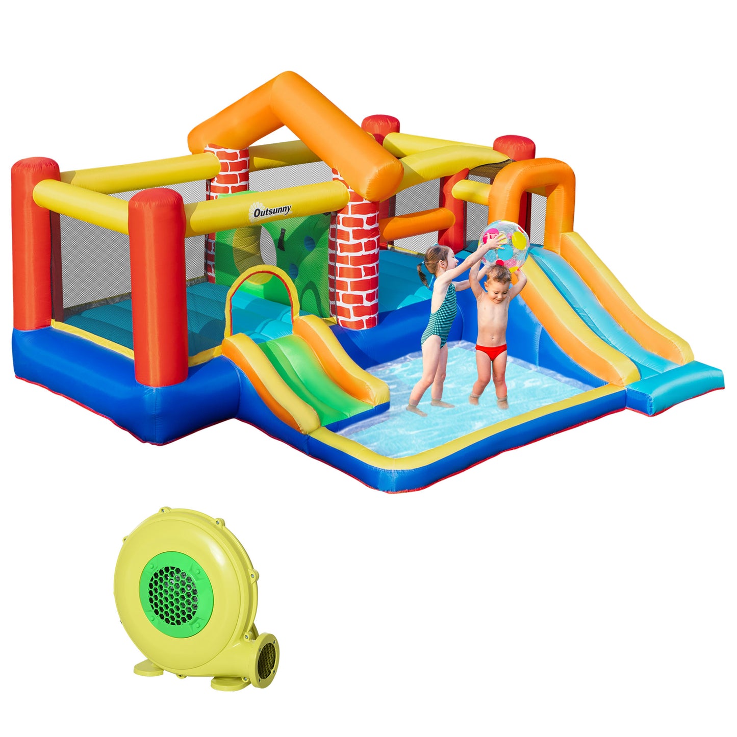 Outsunny Castillo Hinchable Con 2 Toboganes 2 Camas Salto Piscina 380x370x230 Cm_0