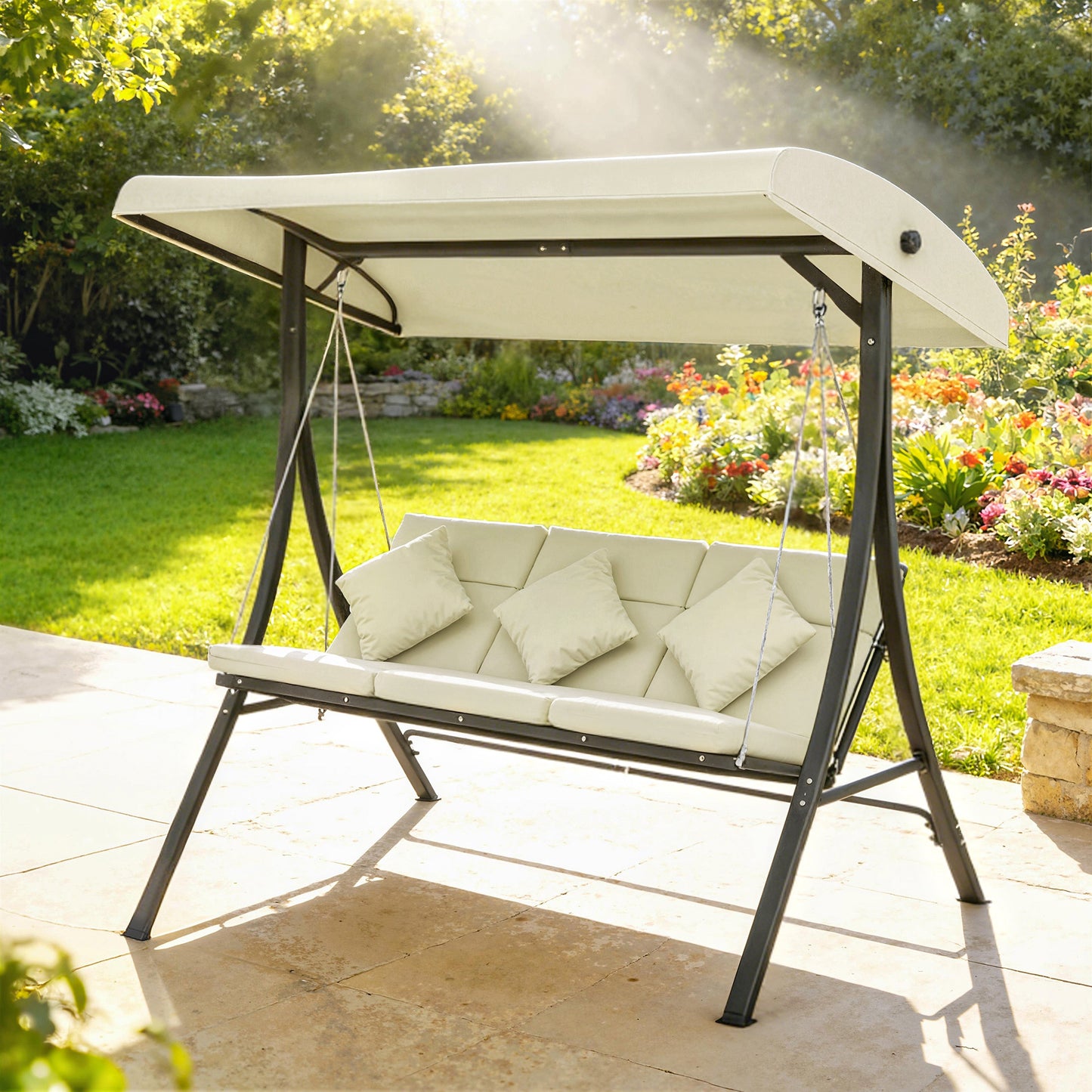 Outsunny Columpio De Jardín De 3 Plazas Con Techo Ajustable 202x115x168 Cm Beige_3
