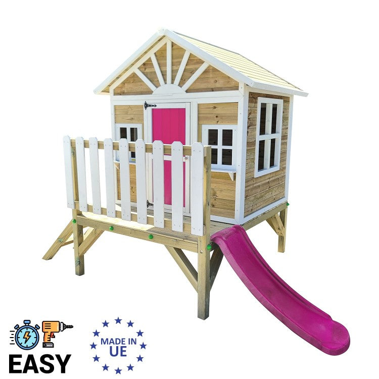 Casita Infantil De Madera Por Paneles Masgames Visby Elevada 60 Cm Rosa.
