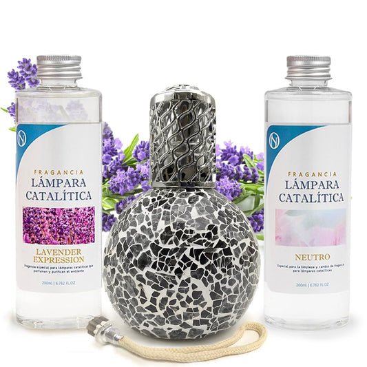 Pack Ahorro Lámpara Catalítica Mosaico Negro + Fragancia Lavender Expression 500ml + Limpiador 200ml + Mecha Repuesto_0