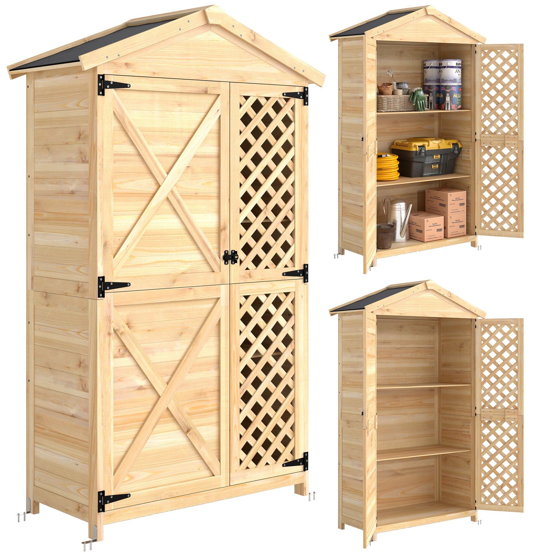 Armario De Exterior De Madera Con Techo De Asfalto 2 Puertas Ventiladas Estantes_0
