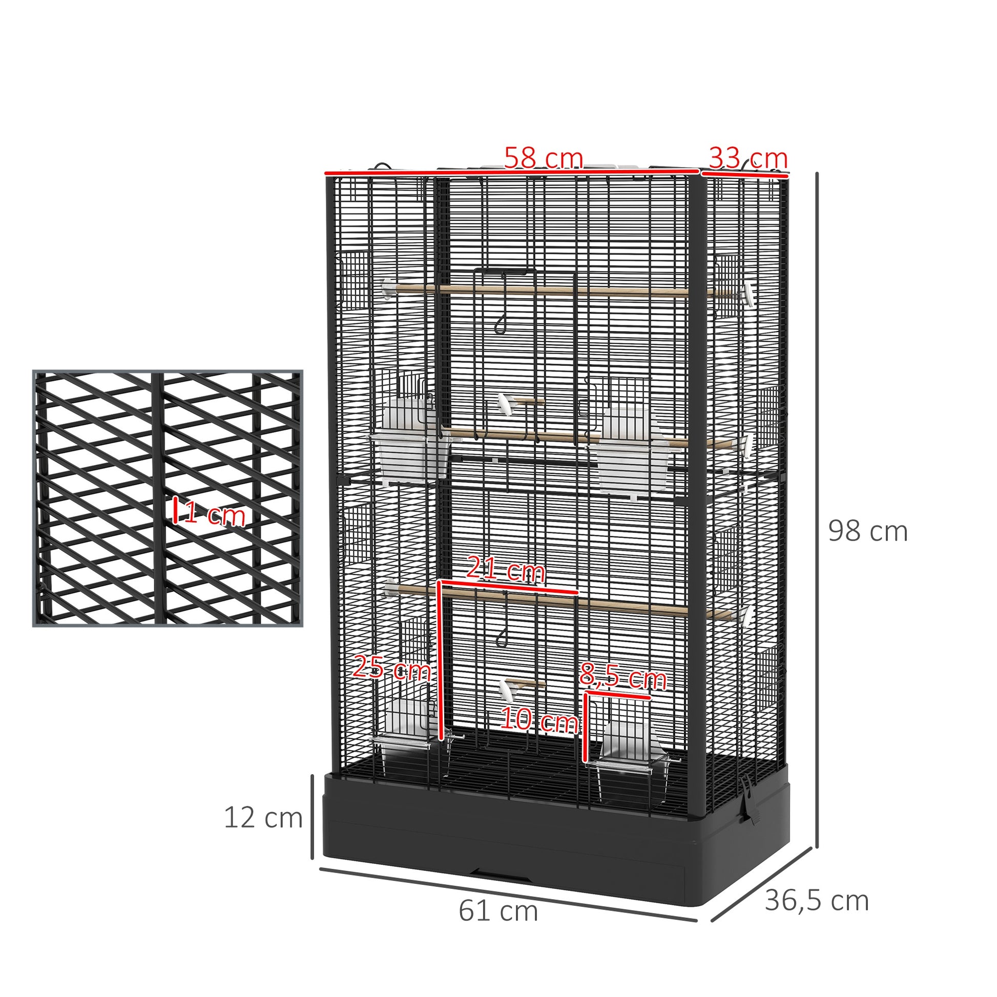 Pawhut Jaula Para Pájaros 61x36,5x98 Cm Con Puertas Perchas Bandeja Negro_2