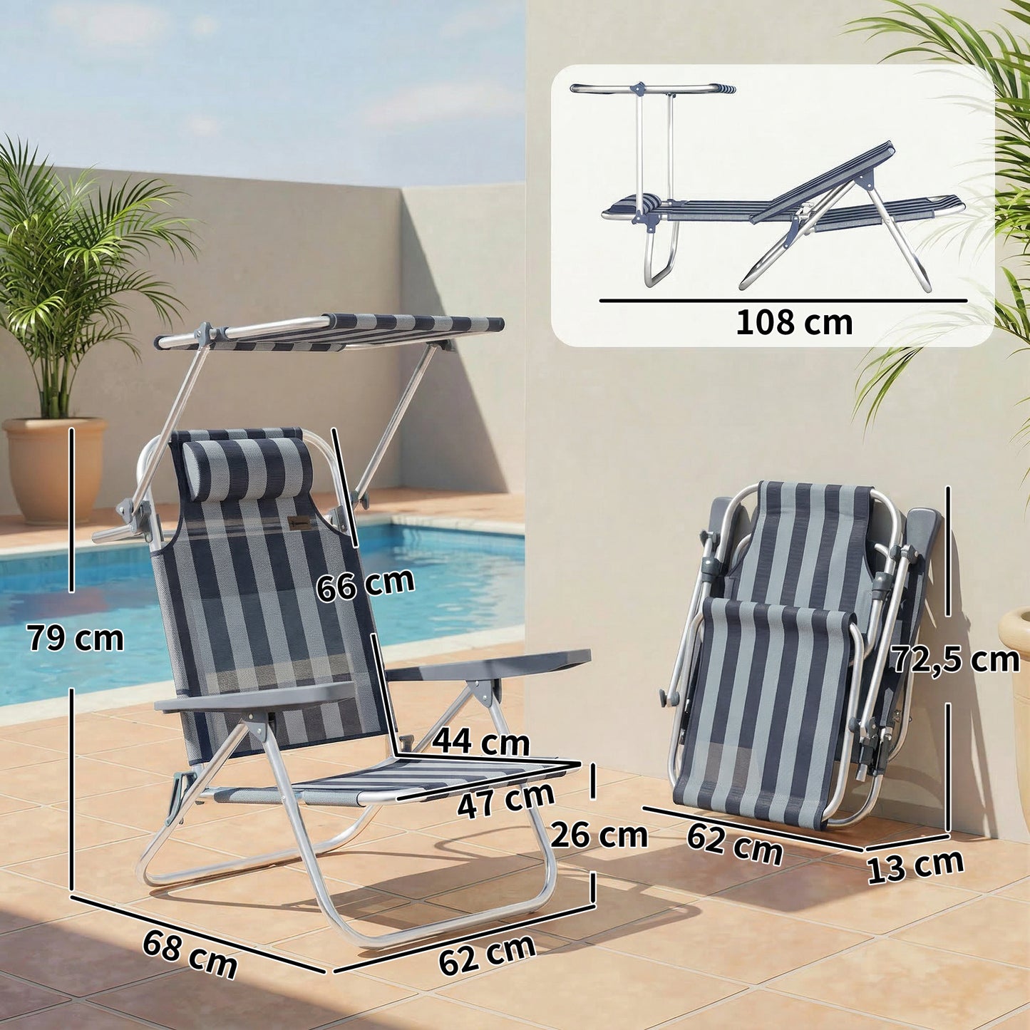 Outsunny Pack De 2 Sillas De Playa Plegables Respaldo Reclinable Azul Y Blanco_2