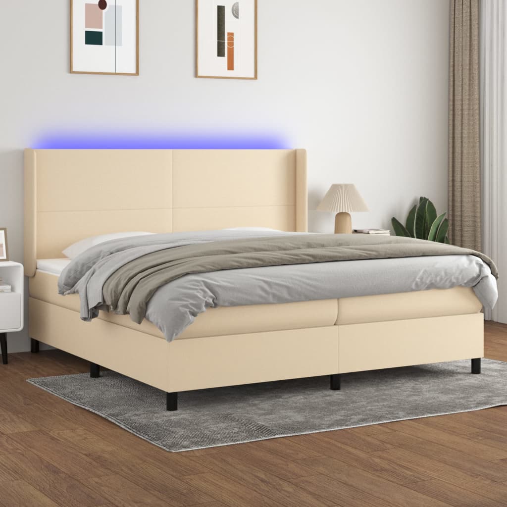 Cama Box Spring Colchón Y Luces Led Tela Crema 200x200 Cm / Vetonek_1
