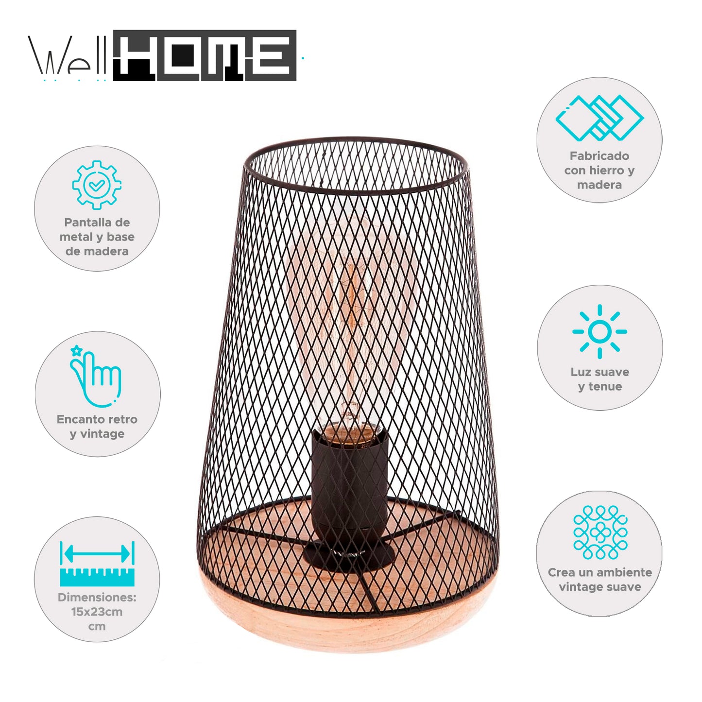 Wellhome Lámpara Metal Madera Negra H.23cm