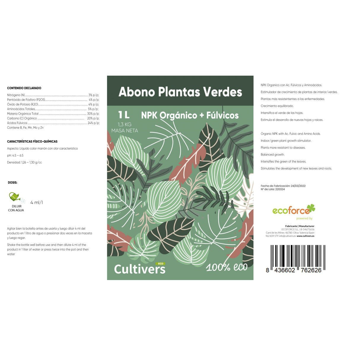 Abono Plantas Verdes Cultivers 500 Ml_2
