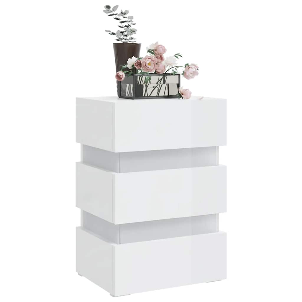 Mesita De Noche Led Madera Ingeniería Blanco Brillo 45x35x67 Cm_1