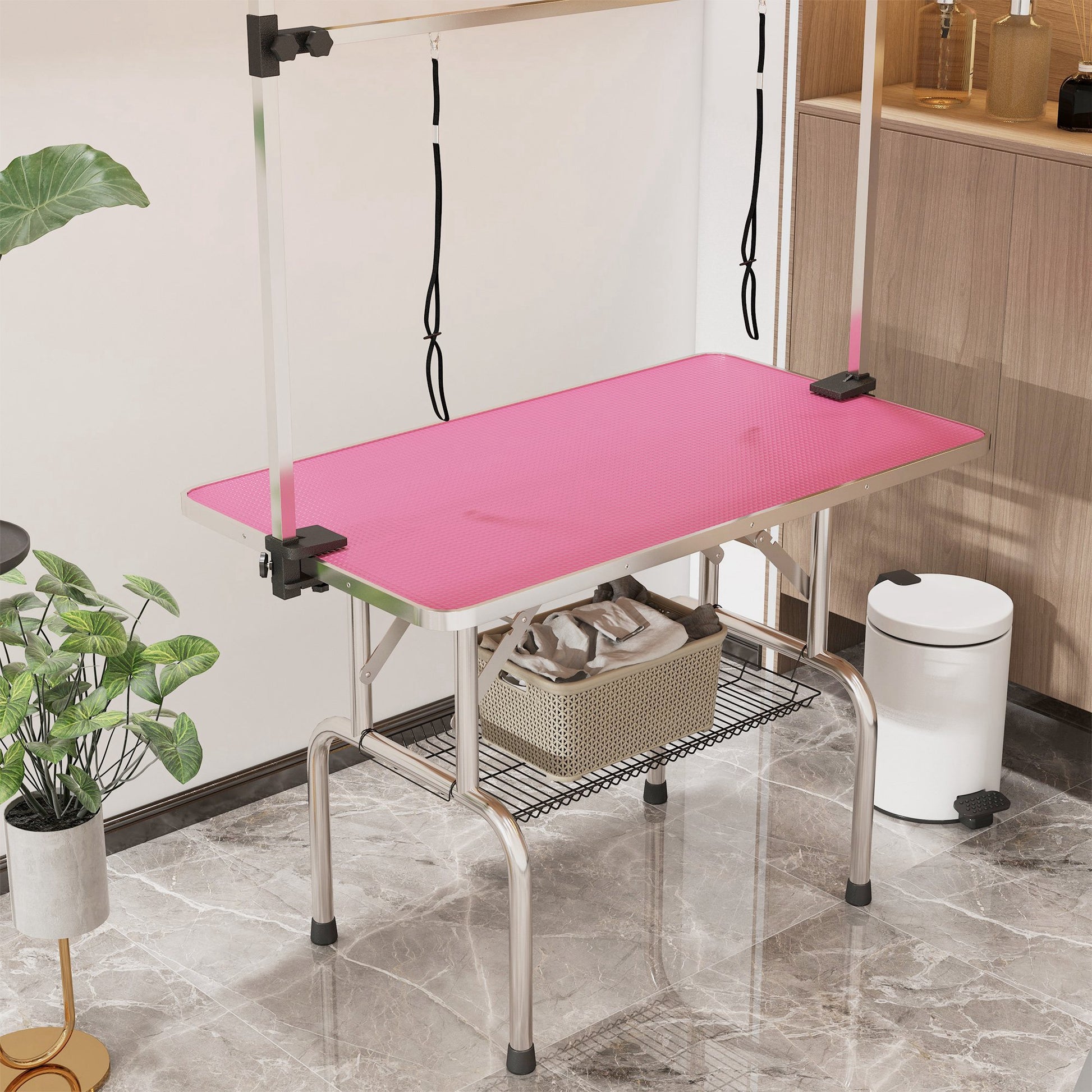 Pawhut Mesa De Peluquería Canina Plegable Con Cesta Metálica 107x60x164 Cm Rosa_3