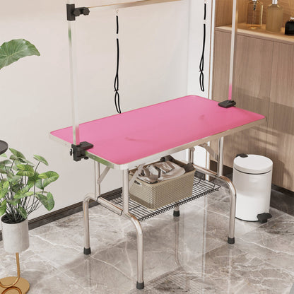 Pawhut Mesa De Peluquería Canina Plegable Con Cesta Metálica 107x60x164 Cm Rosa_3