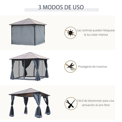 Outsunny Cenador 3x3 M Con Techo De Policarbonato 4 Cortinas Laterales Marco De_5