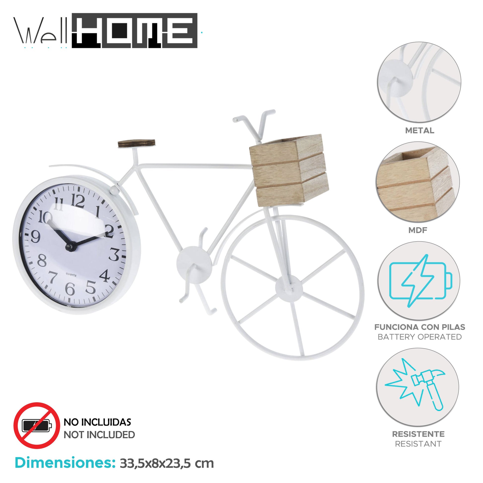 Well Home Reloj De Sobremesa Diseño Bicileta En Metal Blanco 33,5x8x23,5cm