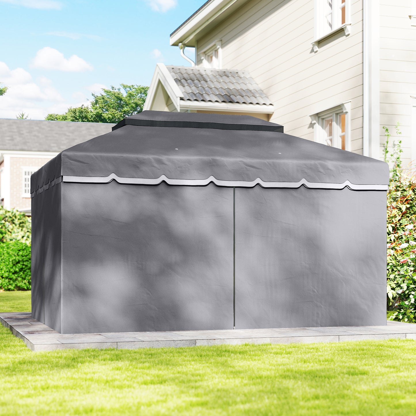 Outsunny Cenador De Jardín 4x3 M Con Doble Techo 4 Cortinas Y Mosquitera Gris_4