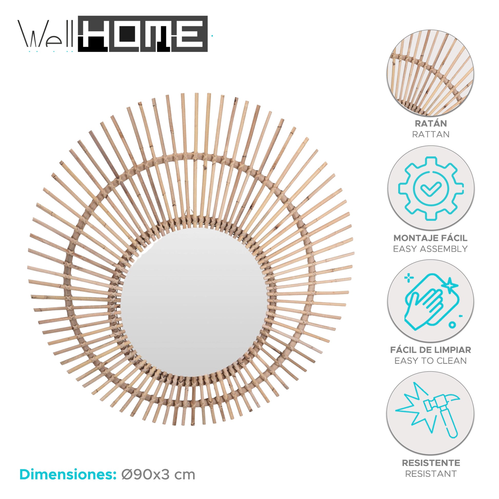Well Home Espejo Redondo De Ratan Ø90cm
