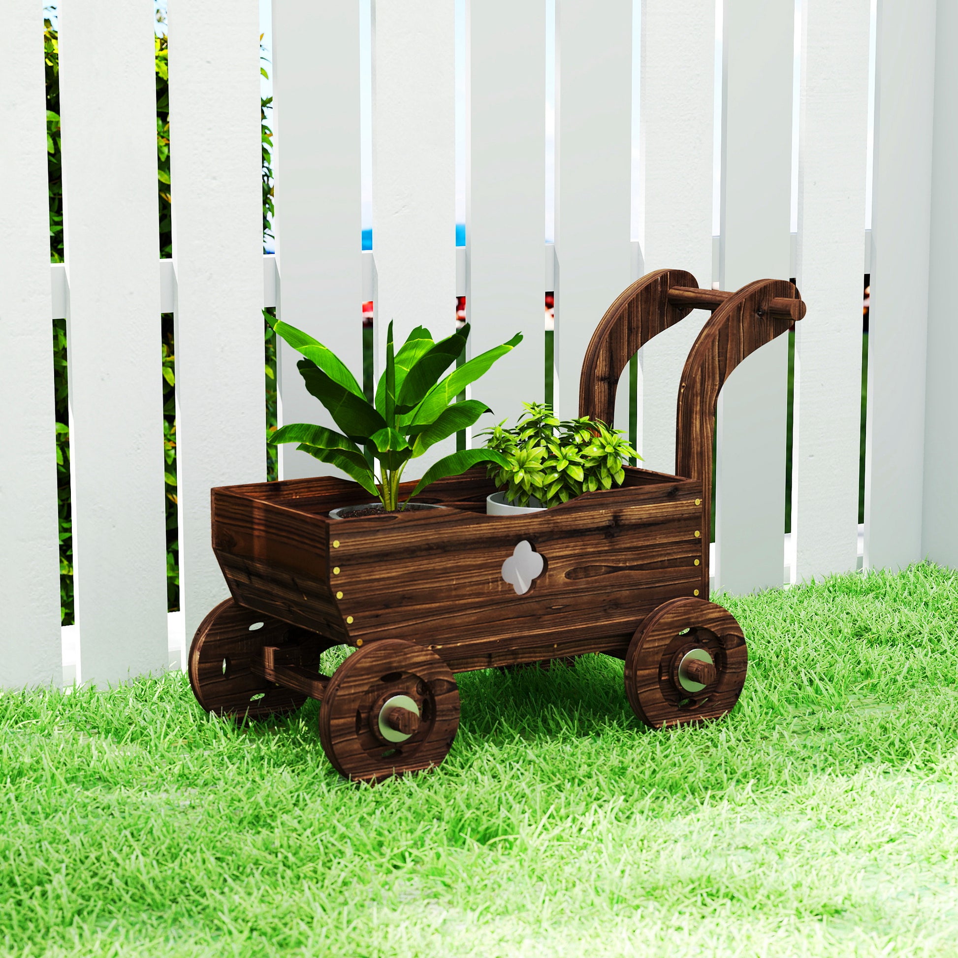 Outsunny Carretilla De Madera Decorativa Exterior Con 4 Ruedas Asa Carbonizado_1