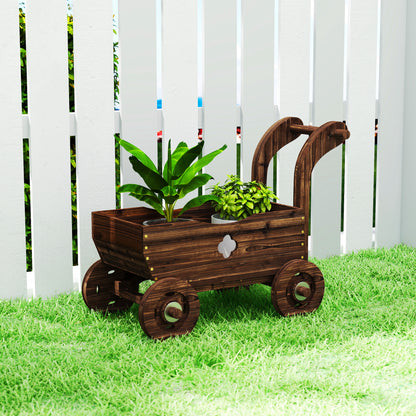 Outsunny Carretilla De Madera Decorativa Exterior Con 4 Ruedas Asa Carbonizado_1