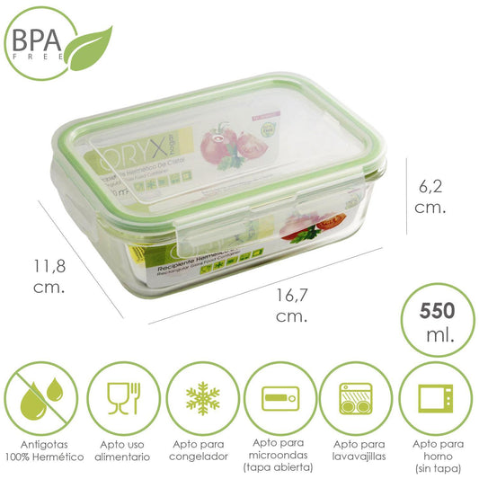 Recipiente Hermetico Cristal Rectangular 550 Ml. 16.7 X 11.8 X 6.2 (alt) Cm._0