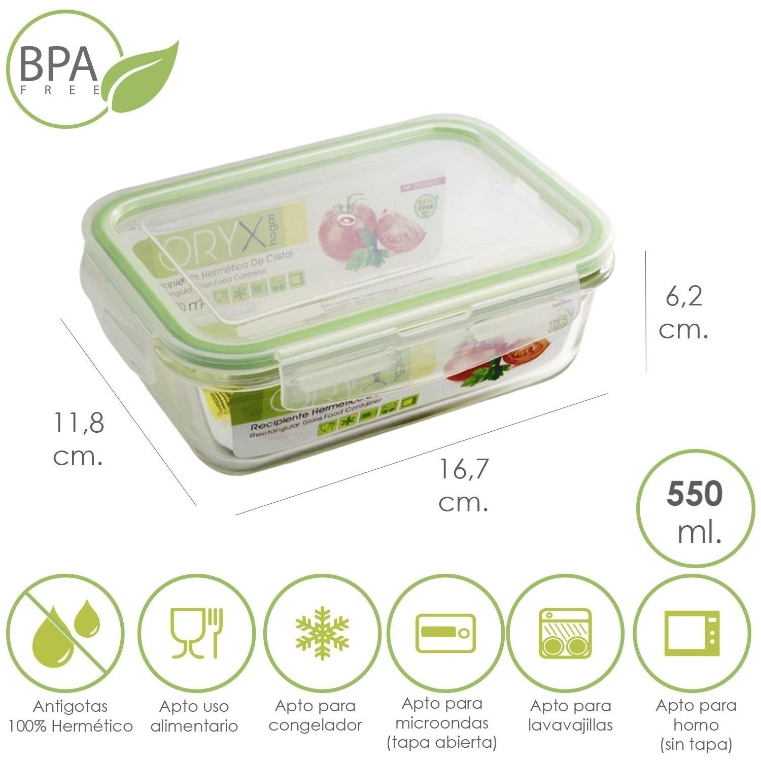 Recipiente Hermetico Cristal Rectangular 550 Ml. 16.7 X 11.8 X 6.2 (alt) Cm.