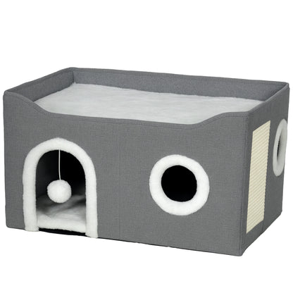 Pawhut Casa Para Gatos Plegable Con Rascador 3 Entradas 60x40x34 Cm Gris_0
