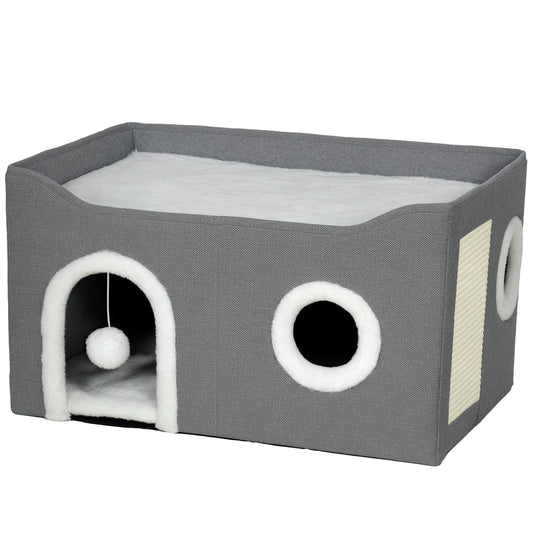 Pawhut Casa Para Gatos Plegable Con Rascador 3 Entradas 60x40x34 Cm Gris_0