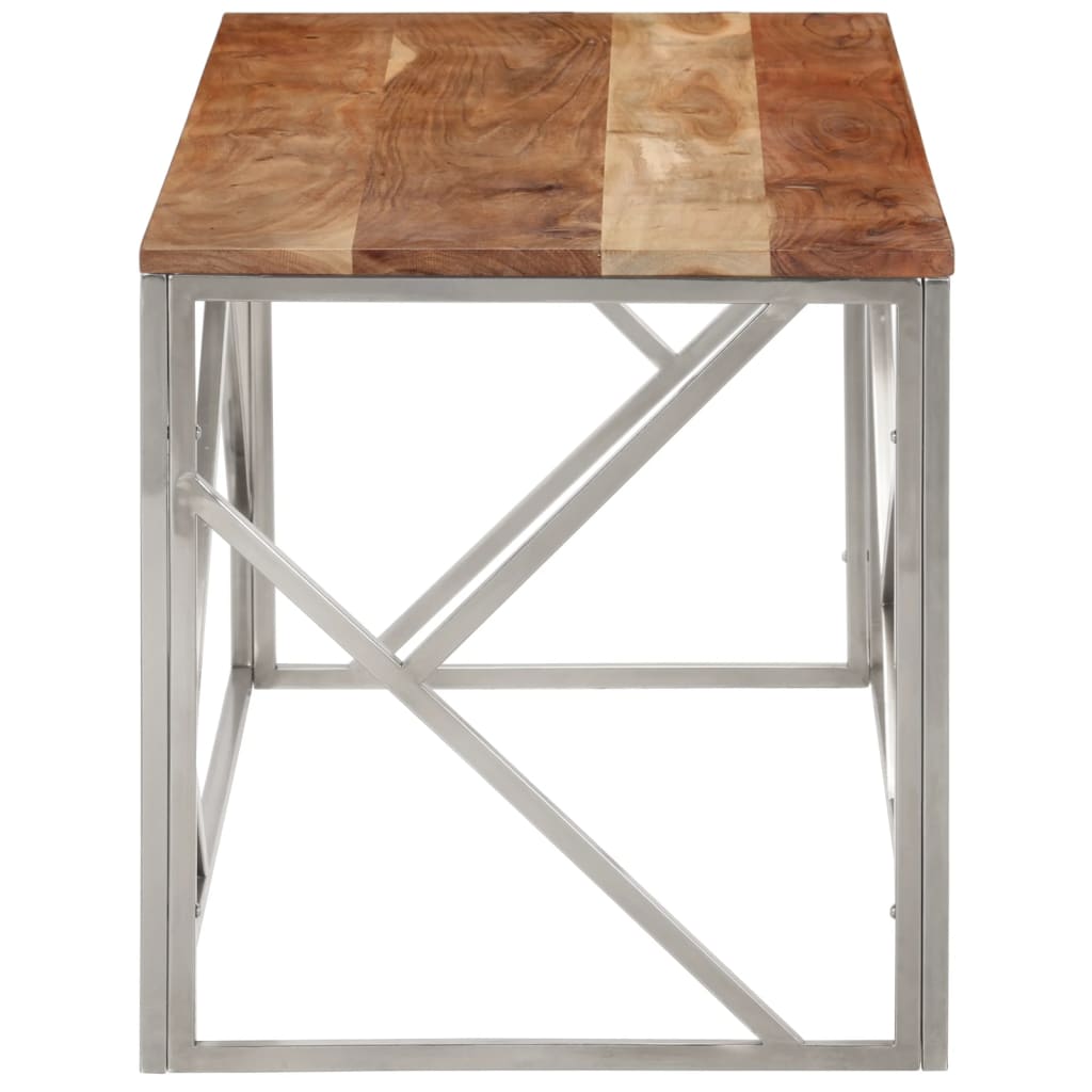 Mesa De Centro Acero Inoxidable Plateado Y Madera Maciza Acacia_2