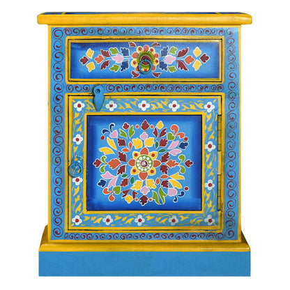 Mesita De Noche Madera Maciza De Mango Turquesa Pintada A Mano_1