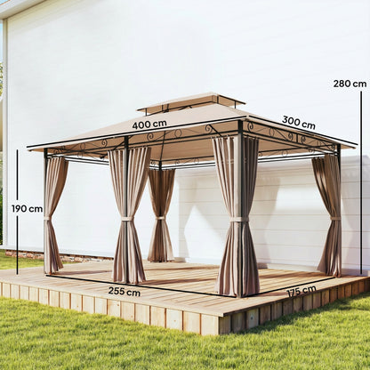 Outsunny Cenador Para Jardín 3x4 M Con Doble Techo Paredes Laterales Caqui_2