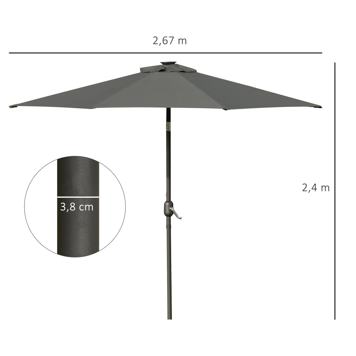 Outsunny Sombrilla De Jardín Ø268x238 Cm Con 24 Luces Led Solar Gris_2