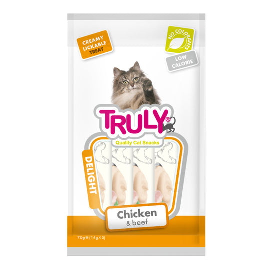 Stick De Crema Para Gato De Pollo Y Buey Truly 12 Bolsas X 70 Gr (12 X 5 Sticks)