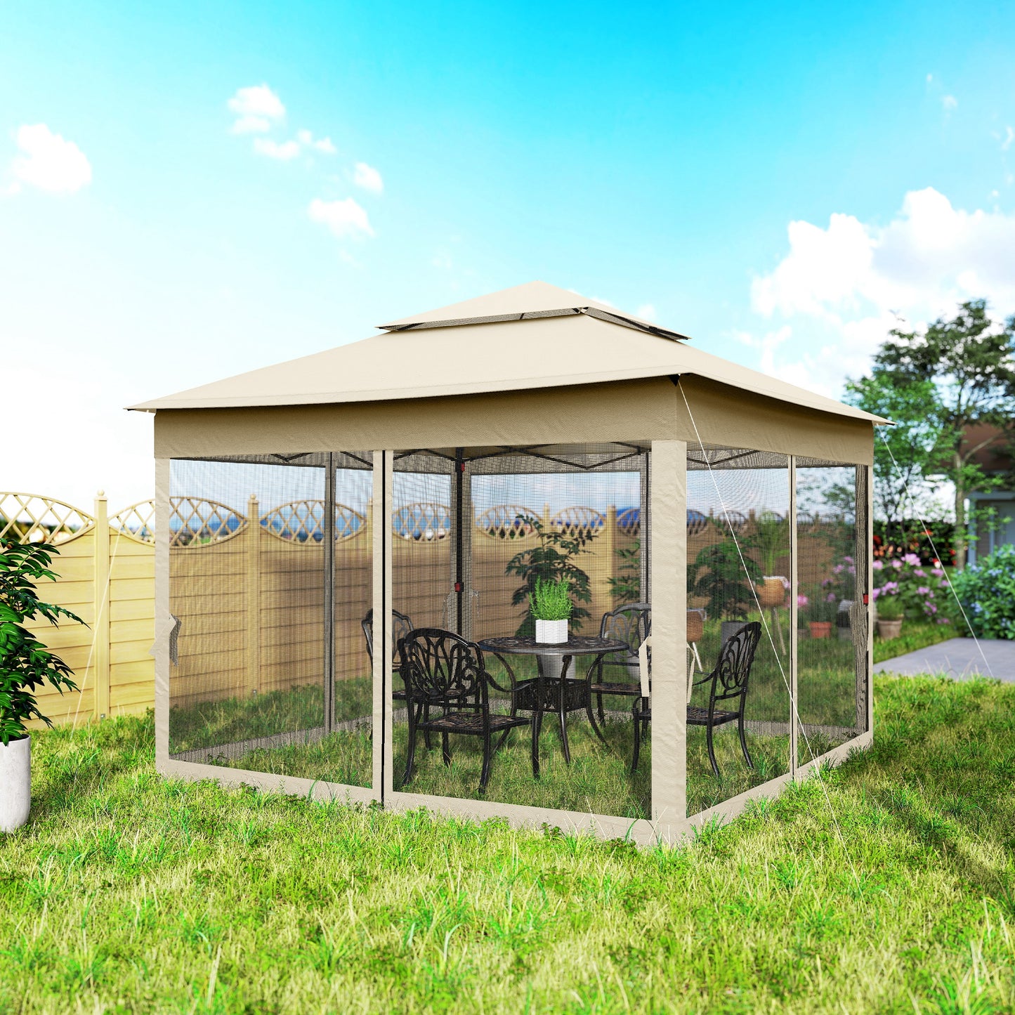 Outsunny Carpa Plegable 3x3x2,7 M Cenador De Jardín Con Doble Techo Crema_4